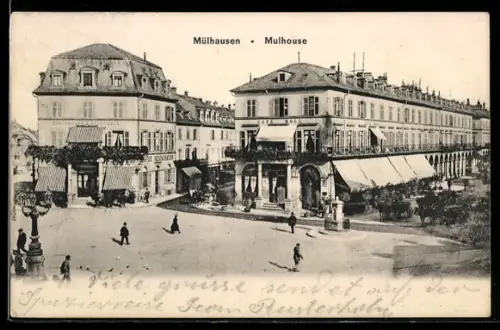 AK Mülhausen, Stadtplatz mit Arkaden und Cafés