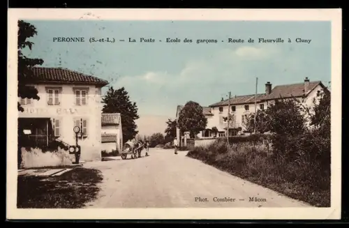 AK Peronne /S.-et-L., La Poste, Ecole des garcons, Route de Fleurville à Cluny