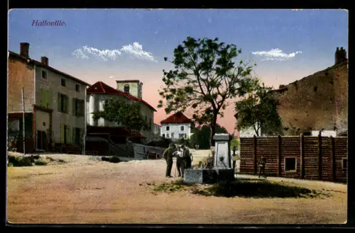 AK Halloville, Dorfplatz mit Brunnen und Personen