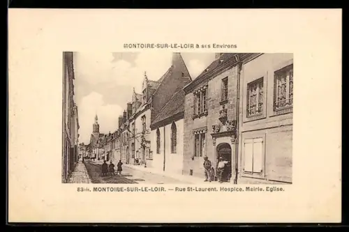 AK Montoire-sur-le-Loir, Rue St-Laurent. Hospice. Mairie. Eglise