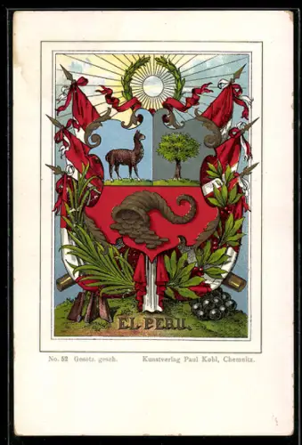AK Peru, Staatswappen mit Baum und Lama