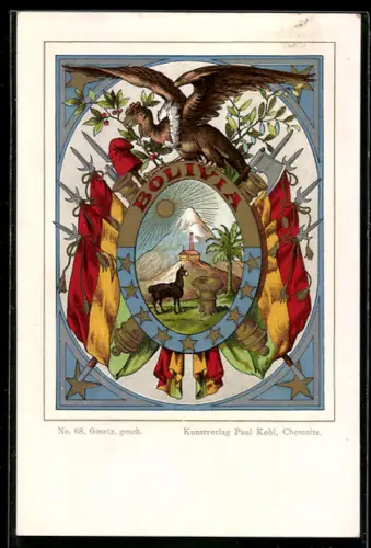 AK Bolivia, Staatswappen mit Andenlandschaft, Lama und Kondor