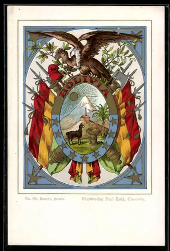 AK Bolivia, Staatswappen mit Kondor, Berg, Lama und Flaggen