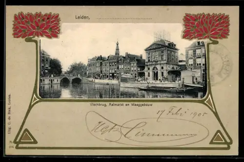 AK Leiden, Vischbrug, Raamarkt en Waaggebouw