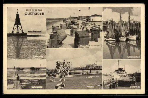 AK Cuxhaven, Kugelbake, Strand und Promenade, Krabbenkutter, Wattenmeer, Sportbad, Alte Liebe