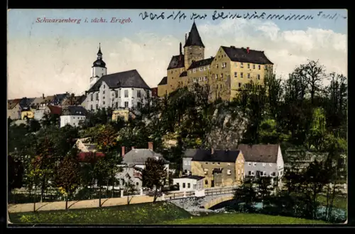 AK Schwarzenberg i. sächs. Erzgeb., Schloss, Kirche, Stadtansicht