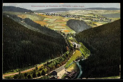 AK Bermsgrün i. sächs. Erzgeb., Talansicht, Landschaft, Gebäude