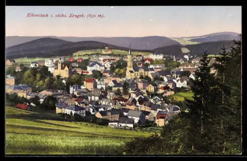 AK Eibenstock i. sächs. Erzgeb., Stadtansicht mit Kirche und umliegenden Gebäuden