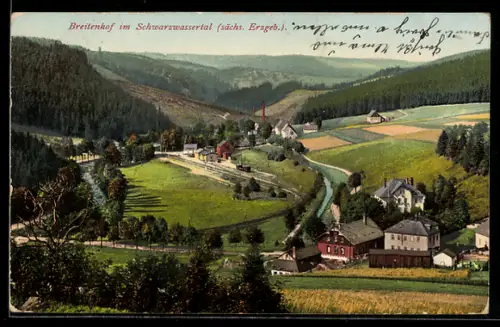 AK Breitenhof /sächs. Erzgeb., Schwarzwassertal, Ortsansicht mit Tal und umliegenden Gebäuden