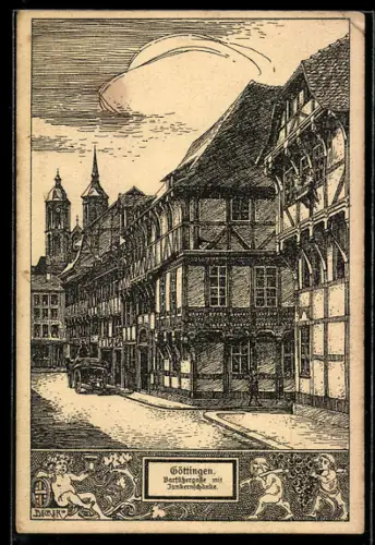 Künstler-AK Göttingen, Barfüssergasse mit Junkernschänke