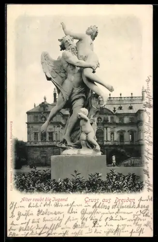 AK Dresden, Kgl. Grosser Garten, Statue Das Alter raubt die Jugend