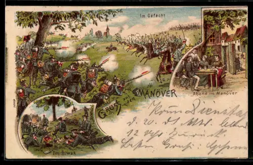 Lithographie Manöver, Im Gefecht, Abend im Manöver, Im Biwak