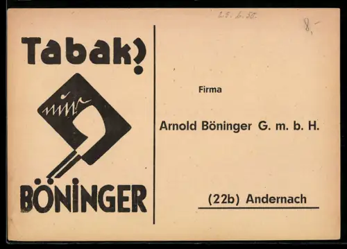 AK Andernach, Arnold Böninger Tabak, Produktliste rückseitig