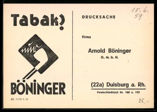 AK Duisburg a. Rh., Arnold Böninger Tabak Reklame, Bestellliste rückseitig