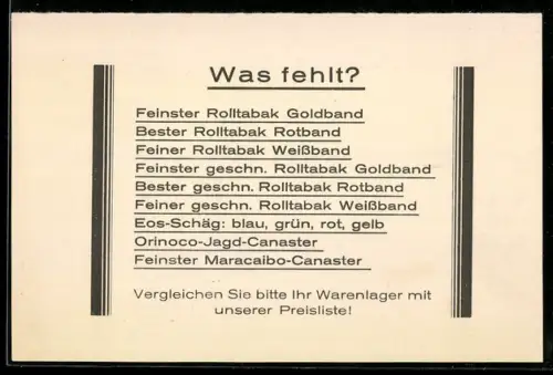 AK Neuwied a. Rh., Joh. Peter Schneider Tabak-Fabrik, Produktliste