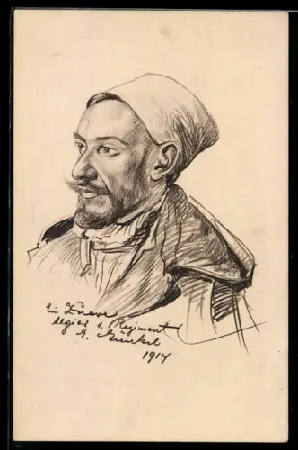 Künstler-AK Kriegsgefangener Allgier 1. Regiment 1914