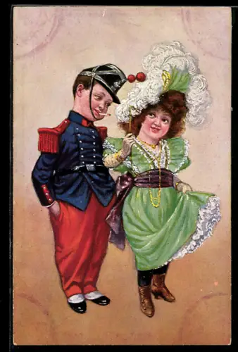 AK Kleiner Soldat in Uniform steht neben einem Mädchen mit Hut