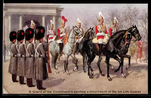 Künstler-AK A Guard of the Coldstreams saluting detachment of the 1st Life Guards