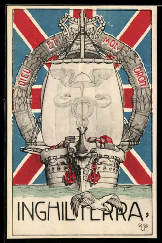 AK Inghilterra, Dieu et mon Droit, Segelschiff mit Kranz vor der Britischen Flagge