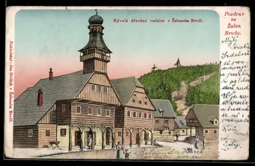 Künstler-AK Zelezny Brod, Bývalá drevená radnice Zeleznem Brode