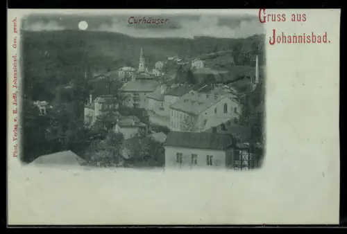 Mondschein-AK Johannisbad, Kurhäuser aus der Vogelschau