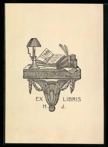 Exlibris H. J., Bücher und Lampe auf dekorativem Tisch