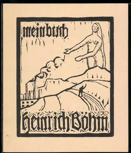 Exlibris Heinrich Böhm, Landschaft mit grosser nackter Frau und Fabrik