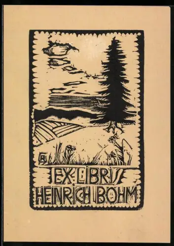 Exlibris Heinrich Bohm, Landschaft mit Baum und Wolken