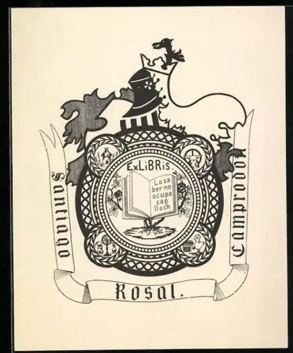 Exlibris Santiago Camprodon Rosal, Buch mit Wappen und Motto