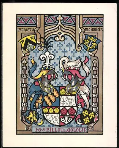 Exlibris Billot de Göldlir, Wappen mit Helmzier und Devise