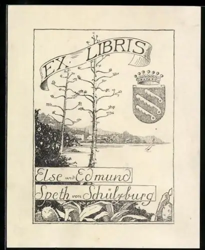 Exlibris Else und Edmund Speth von Schülzburg, Landschaft mit Wappen