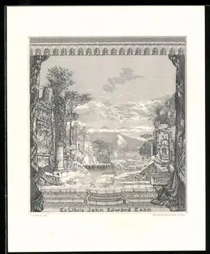 Exlibris John Edward Zahn, Landschaft mit antikem Torbogen und Fluss