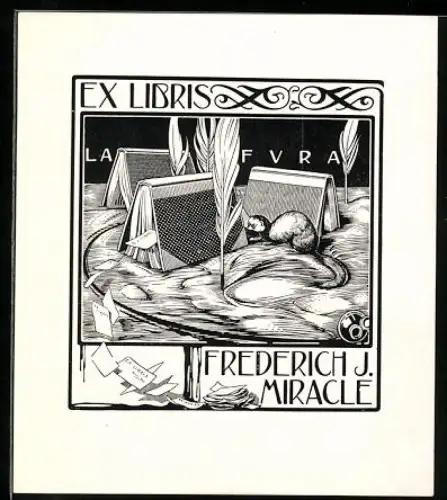 Exlibris Frederich J. Miracle, La Fura, Maus zwischen Büchern und Federn
