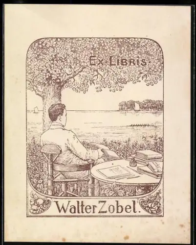 Exlibris Walter Zobel, Mann am See unter Baum sitzend