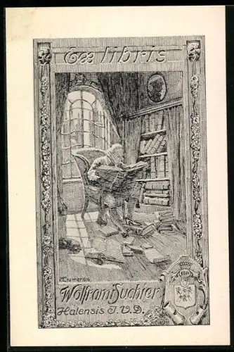 Exlibris Wolfram Suchier, Gelehrter in der Bibliothek