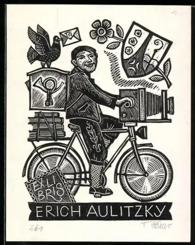 Exlibris Erich Aulitzky, Radfahrer mit Kamera und Vogeldetail, Wappen