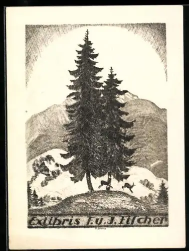 Exlibris F. u. J. Fischer, Landschaft mit Bäumen und Hirschen