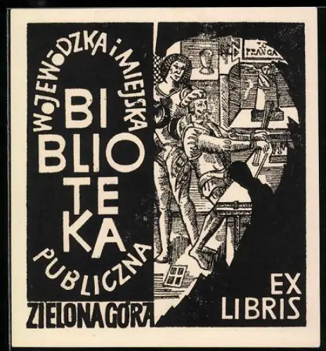 Exlibris Wojewódzka i Miejska Biblioteka Publiczna Zielona Góra, Stilisierte Figuren und Bücher