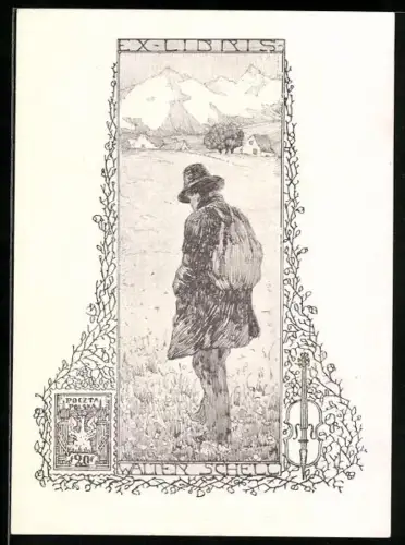 Exlibris Walter Schell, Wanderer in ländlicher Szenerie mit Gebirge im Hintergrund, Jugendstil