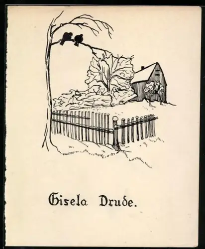 Exlibris Gisela Drude, Landschaft mit Haus und Vögeln auf Baumzweig