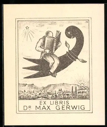 Exlibris Dr. Max Gerwig, Mann auf einem Fabelwesen über Stadt mit Buch und Stern