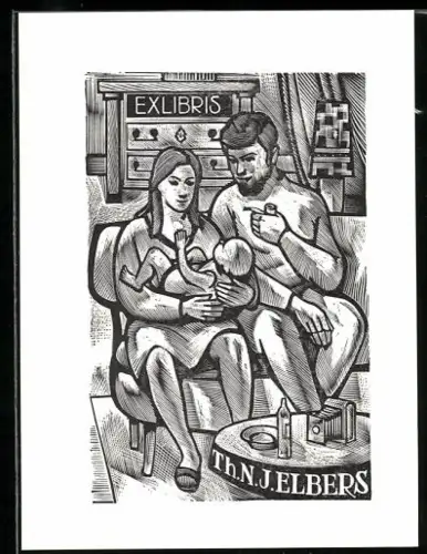 Exlibris Th.N.J. Elbers, Familienszene mit Bücherregal im Hintergrund