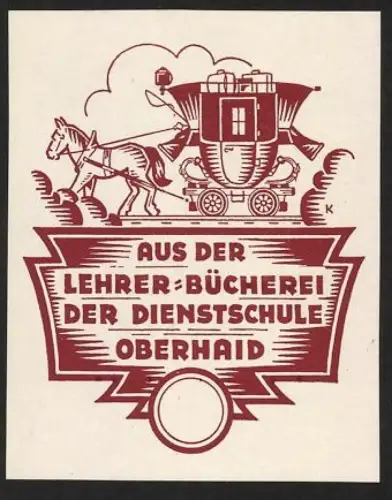 Exlibris Lehrer-Bücherei Dienstschule Oberhaid, Kutsche mit Pferd