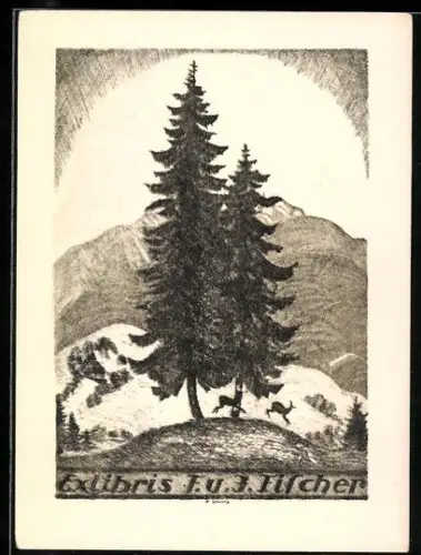 Exlibris F. u. J. Fischer, Landschaft mit Hirsch und Tannenbaum
