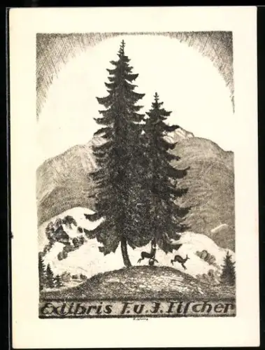 Exlibris F. u. J. Fischer, Landschaft mit Tannen und Rehen