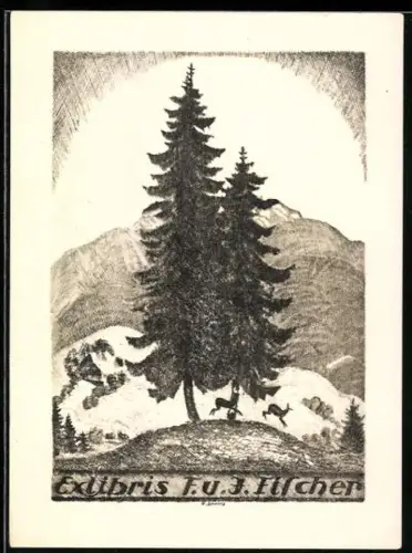 Exlibris F. u. J. Fischer, Landschaft mit Tieren im Wald