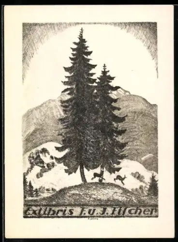 Exlibris F. u. J. Fischer, Landschaft mit Hirschen und Tannenbäumen