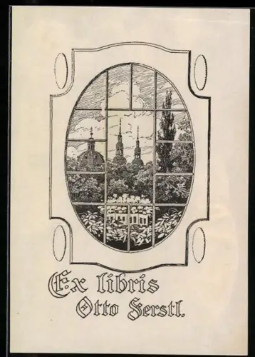 Exlibris Otto Gerstl, Ortsansicht mit Türmen und Garten