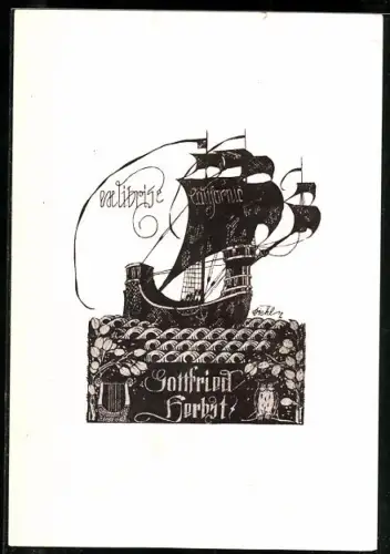 Exlibris Gottfried Herbst, Segelschiff auf stürmischer See