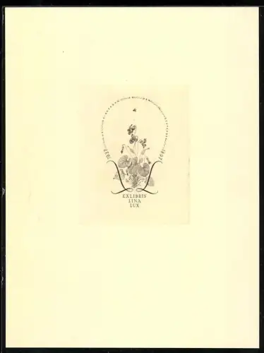 Exlibris Lina Lux, Florales Design und Biene, Jugendstil